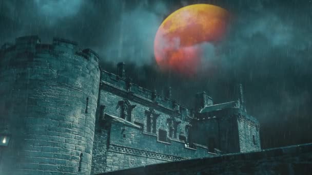 Castillo Con Rain Lightning Blood Moon Loop Presenta Una Ruina — Vídeo de stock