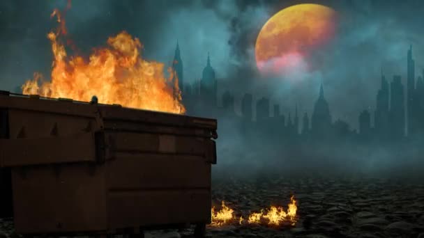 Dumpster Fuoco Arancione Luna Fulmine Nuvole Sfondo Dispone Cassonetto Con — Video Stock