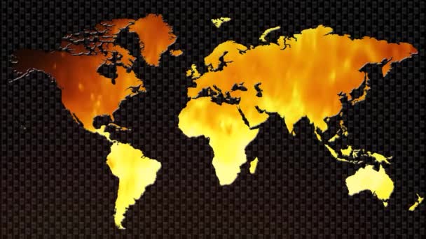 有火焰4K圈的世界钢图的特点是一张从碳钢中切割出来的世界地图 火焰在循环中从后面升起 — 图库视频影像