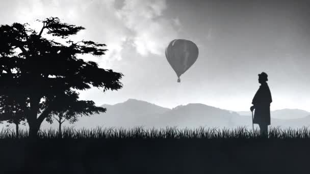 Man Nature Balloon Sylwetka Retro Tło Funkcje Sceny Sylwetka Drzew — Wideo stockowe