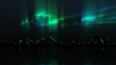 Aurora Borealis, Mountain Silhouette 4K döngüsünün üzerinde Aurora Borealis tarzı ışıkların arkasında yer aldığı bir dağ silueti barındırır..