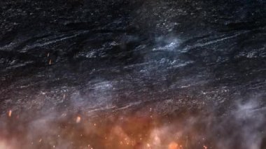 Rock Duman Duvarı ve Gizemli Arka plan 4K Döngü 'de yükselen dumanlı bir kaya duvarı ve altında turuncu bir parıltı ve kıvılcımlar vardır..
