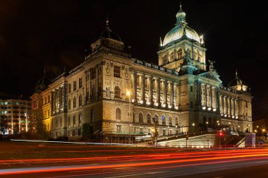 national museum illuminated in the evening, long exposure