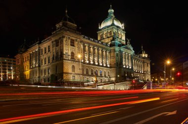 national museum illuminated in the evening, long exposure