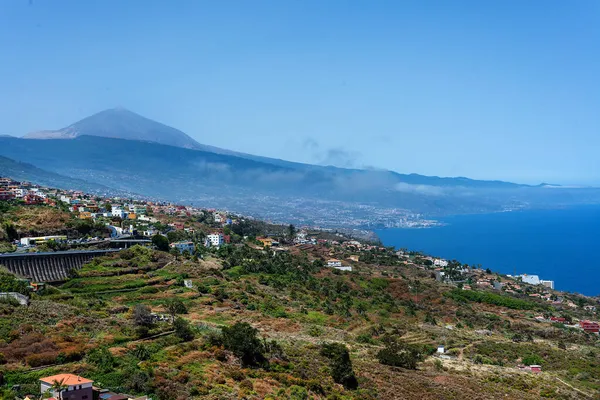 Panorámás Kilátás Nyílik Orotava Völgy Puerto Cruz Ciity Vulkán Teide — Stock Fotó