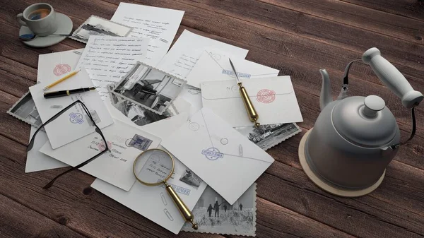 E- postaları olan masaüstü (3d arkaplan illüstrasyonu)