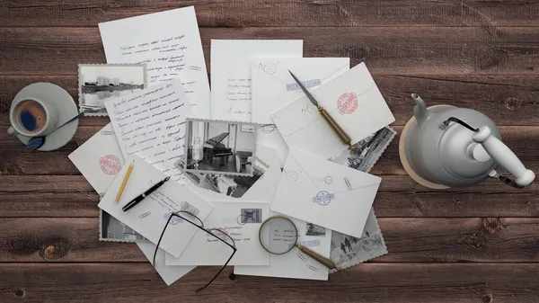 E- postaları olan masaüstü (3d arkaplan illüstrasyonu)