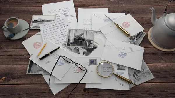 E- postaları olan masaüstü (3d arkaplan illüstrasyonu)