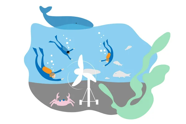 Turbina Maré Fundo Mar Mergulhadores Baleias Conceito Ambiente Ecológico Planta — Vetor de Stock