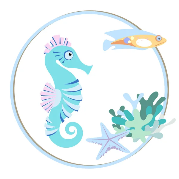 Χαριτωμένο Τυρκουάζ Ιππόκαμπος Ψάρια Αστερίες Και Κοράλλια Χρώμα Παστέλ Συλλογή — Διανυσματικό Αρχείο