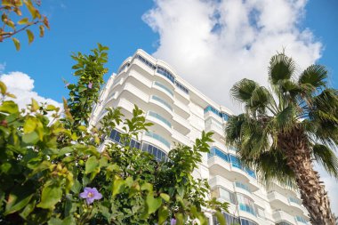 Low angle view of high building, green trees and palm tree, looking up from ground against blue sky with clouds.