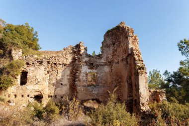Antik Syedra kenti, Türkiye. Antika kalıntılar, yeşil ağaçlar ve çalılarla kaplanmış tarihi eski bina..