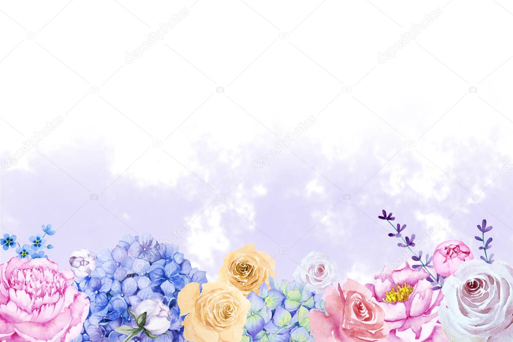 Horizontal border of pink peony, rose, lavender and hydrangea flowers with purple fog on a white background. Flowering meadow. Hand drawn watercolor illustration. Floral backdrop. Copy space.