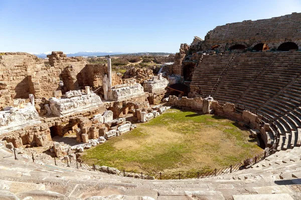 Bella Vista Dell Antico Anfiteatro Side Turchia Antica Arena Rovina — Foto Stock