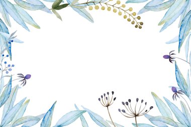 Beyaz arka planda narin fantezi yaprakları ve bitkileri olan çiçekli bir çerçeve. El çizimi suluboya çizimi. Boşluğu kopyala.