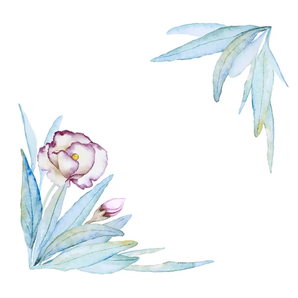 Dwa Rogu Ramki Delikatnym Kwiatem Lilii Pąk Kolorowe Liście Białym — Zdjęcie stockowe