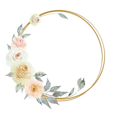 Zarif bej ve pembe gülleri olan yuvarlak çiçekli bir çerçeve ve beyaz arka planda izole edilmiş yapraklar. El çizimi suluboya çizimi. Boşluğu kopyala.