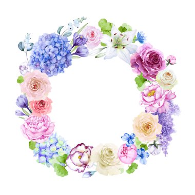 Çiçekli yuvarlak bej ve kırmızı güller, pembe şakayık, beyaz zambak, mavi ortanca ve leylak çiçekleri, beyaz arka planda izole edilmiş yapraklar ve böğürtlenler. El yapımı suluboya. Boşluğu kopyala.