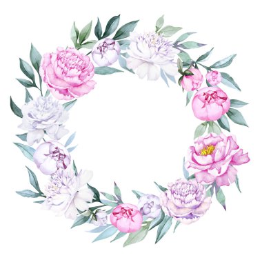 Beyaz arka planda izole edilmiş pembe, leylak ve beyaz şakayık çiçekli zarif renkli çiçekli bir çelenk. El çizimi suluboya çizimi. Boşluğu kopyala.
