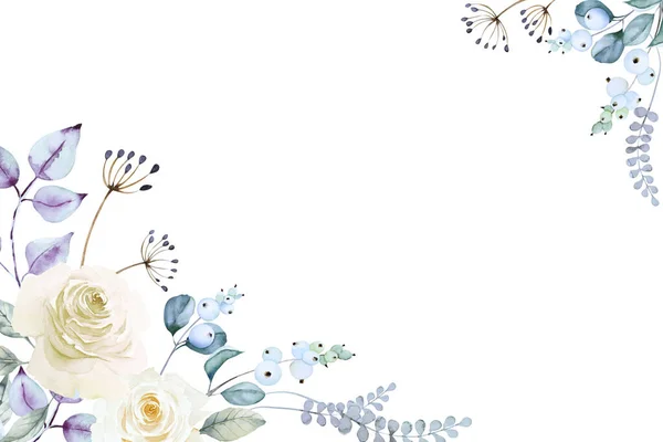 白いバラ スノーベリーの枝 抽象的な葉と白い背景のハーブの2つのコーナーフレーム 手描きの水彩画のイラスト スペースのコピー — ストック写真