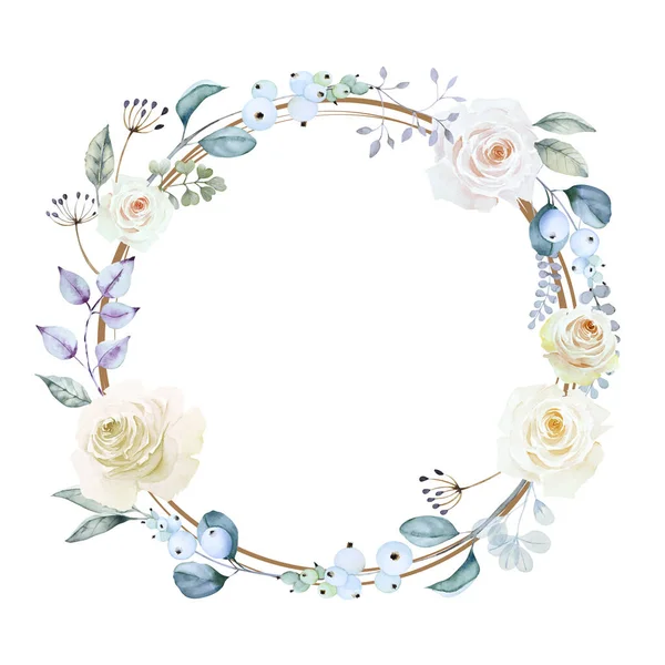Yuvarlak Çerçeveli Narin Beyaz Güller Kar Böğürtleni Dalları Çiçeklerle Böğürtlenlerle — Stok fotoğraf