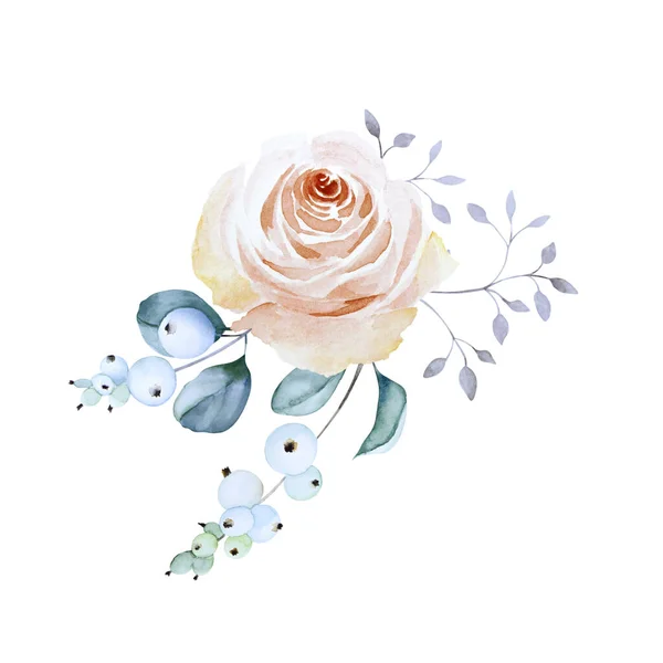 美しい繊細な白いバラの花 スノーベリーの枝 白い背景に隔離された抽象的なハーブ 水彩画手描きのイラスト — ストック写真