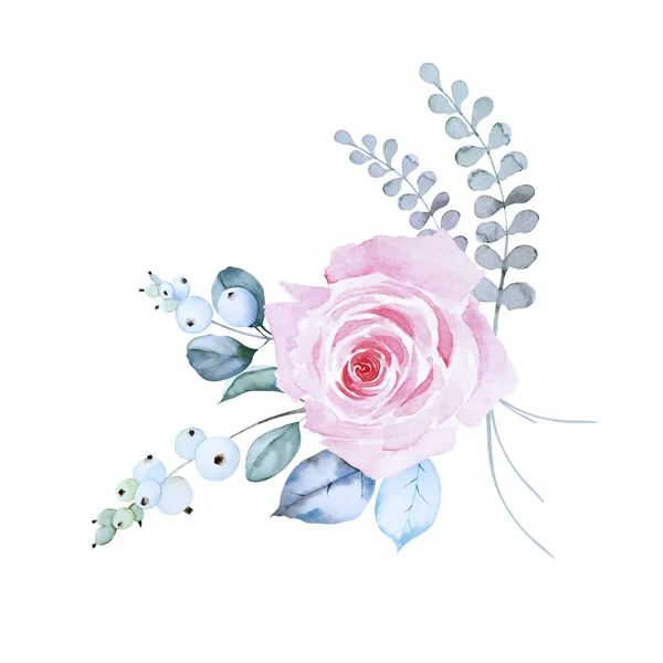 Güzel Bir Buket Pembe Gül Çiçeği Kar Çileği Dalları Mavi — Stok fotoğraf