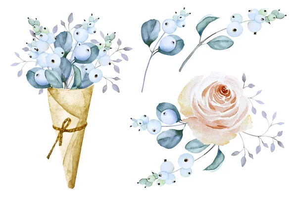 Set Snowberry Leaves Herbs Craft Paper Cornet Bouquet White Rose — ストック写真