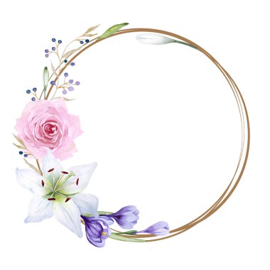 Yuvarlak çerçeveli pembe gül, beyaz zambak ve mor krokoz. Çiçekleri, tomurcukları, yaprakları ve bitkileri beyaz arka planda olan güzel bir çelenk. El çizimi suluboya çizimi. Boşluğu kopyala.