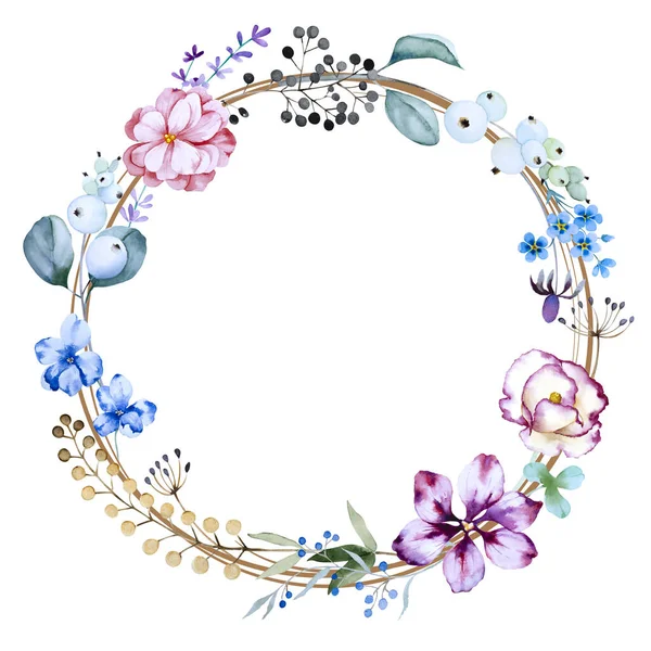 Okrągła Ramka Niebieskimi Niezapomnianymi Kwiatami Gałązkami Śniegu Fantazyjnymi Niebieskimi Fioletowymi — Zdjęcie stockowe