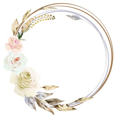 Yuvarlak çiçek çerçevesi, beyaz arka planda yalıtılmış kahverengi yaprakları ve otları olan narin beyaz güller. El çizimi suluboya çizimi. Boşluğu kopyala.