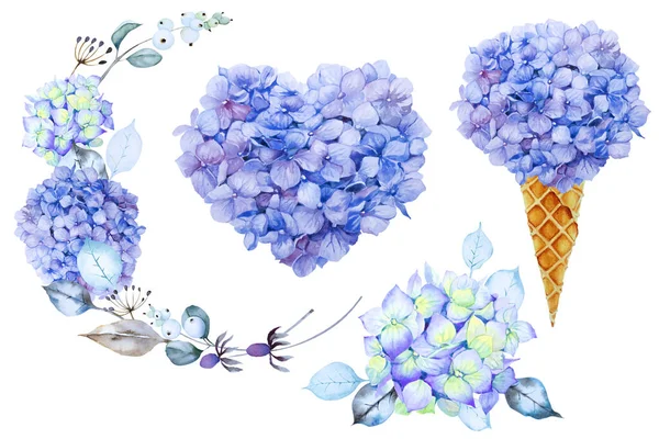 ワッフルコーンに青いアジサイの花の花束のセットは 白い背景に隔離されたアジサイ アジサイの花の庭 スノーベリーの枝や葉で作られたハート型の図 手描き水彩画 — ストック写真