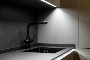 Pahalı bir mutfak lavabosu ve musluğu var.