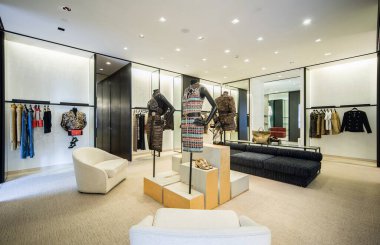 Kyiv, Ukraine, June 18, 2019. Interior of Chanel Boutique - luxury high fashion showroom. Hall of sale exposition.