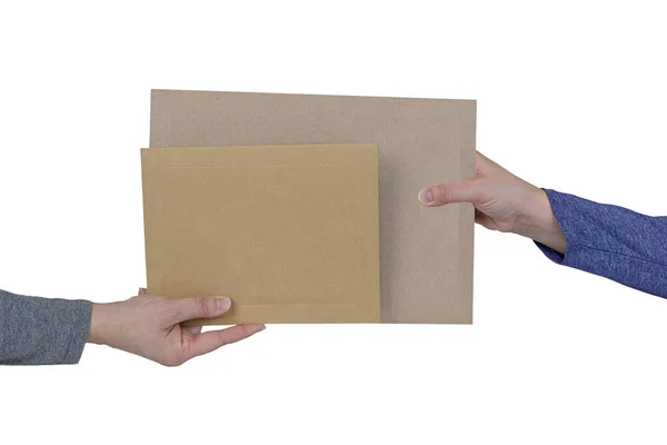 Échange Enveloppes Carton Entre Les Mains — Photo