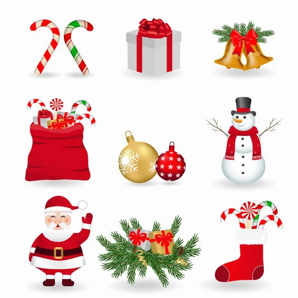 Geleneksel Mutlu Noeller ve yeni yıl sembolleri seti. Ağaç dalları, oyuncaklar, Noel Baba, Noel yemeği, hediye kutusu, kardan adam, şekerler, ziller. Vektör çizimi. EPS 10