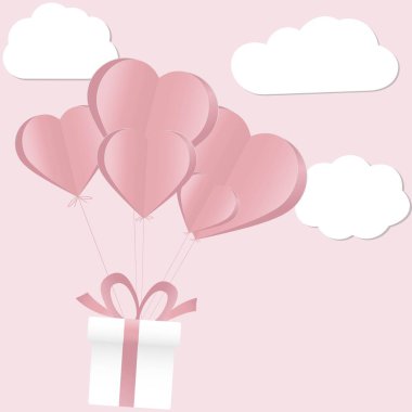 Flying gift box with bunch of heart balloons in the sky. Valentin's Day. Heart form. Design element for wallpapers, wedding invitations, greeting cards, valentine cards. Vector illustration. EPS 10