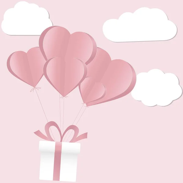 Flying Gift Box Bunch Heart Balloons Sky Valentin Day Heart — Image vectorielle