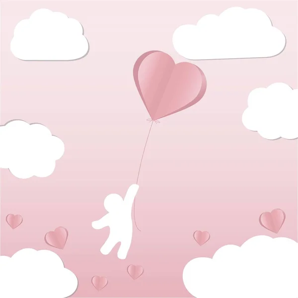 Flying person with bunch of heart balloons in the sky. Valentin's Day. Heart form. Design element for wallpapers, wedding invitations, greeting cards, valentine cards. Vector illustration. EPS 10