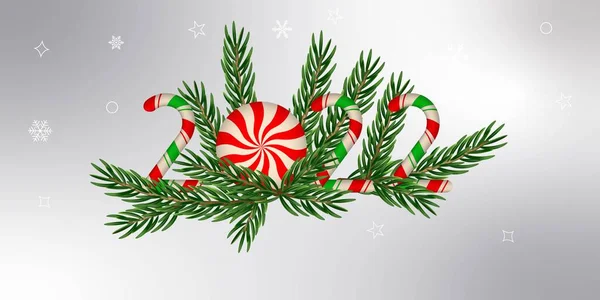 Merry Christmas and Happy New Year 2022. Greeting card with tree branches and christmas candy on white background. Vector illustration. EPS 10