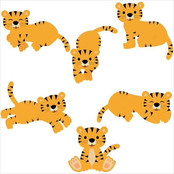 Set of cute tiger in different poses. The tiger stands, lies, goes, sits, sleeps, leaps. Vector illustration