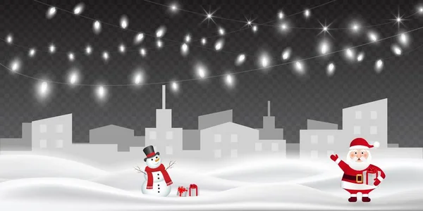Greeting card with lights, garlands, snowman and santa claus. Christmas and new year greeting card. Winter in city. Winter town. Vector illustration. EPS 10
