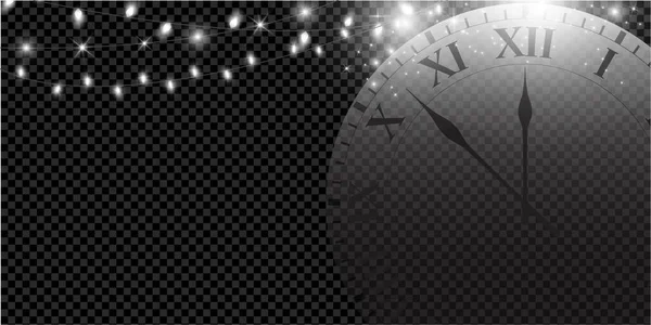 Christmas lights on dark background. Christmas glowing garlands. Clock hand shows about 12 o'clock. Vector illustration. EPS 10