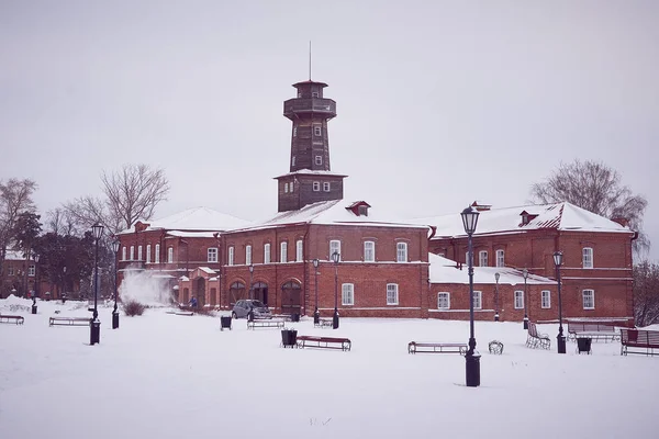 Old Brick Building Fire Station Wooden Tower Winter View — Foto Stock