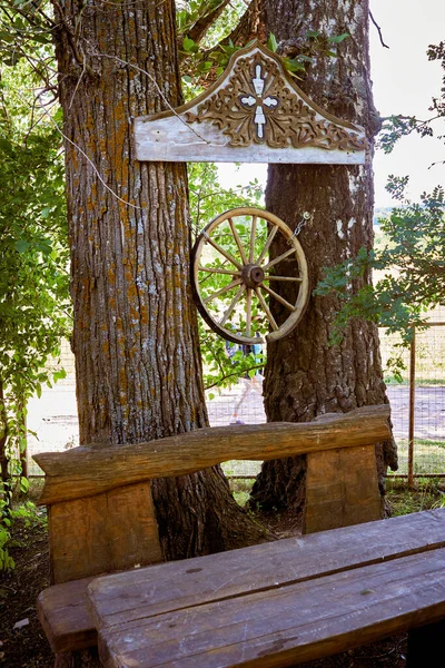 Pagan Temple Wooden Wheel Worship Ancient Traditions Close — Stockfoto
