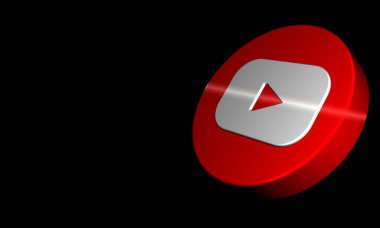 YouTube düğmesi 3D Rending logosu siyah arkaplanda izole edildi. Kopya uzayı olan üç boyutlu sosyal ortam simgesi. 3B biçimlendirme işaretleri.