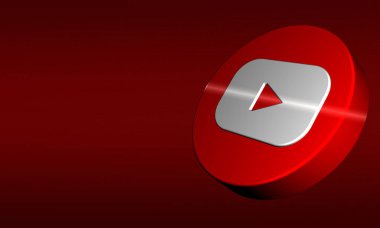 Kırmızı arkaplanda Uçan YouTube Düğmesi 3D görüntüleme. Üç boyutlu You Tube logo stili ve kopyalama uzayı. Sosyal Medya 3D Görselleştirme simgesi. Hareketli Resim