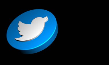 Twitter düğmesi i3D görüntüleme siyah arkaplanda izole edildi. Uzayı Kopyala Sosyal Medya 3D Görselleştirme ile Üç Boyutlu Kuş Uçan Logo Biçimi