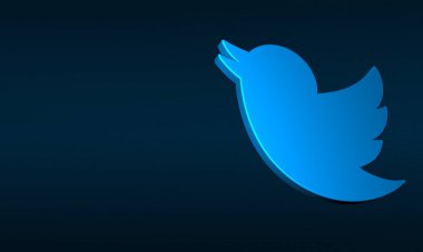 Modern Twitter 3D Logo Minimal koyu mavi arkaplan ve kopyalama alanı. Parlak Uçan Kuş ikonu Moda Tarzı. 3B Hazırlama