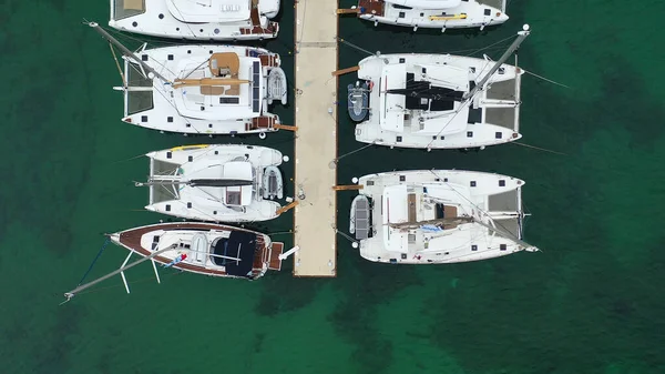 Top View Sailing Boats Moored Pier Marina — стокове фото